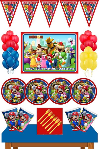 Parti Furyası Super Mario 8 Person Birthday Set - Concept with Banner