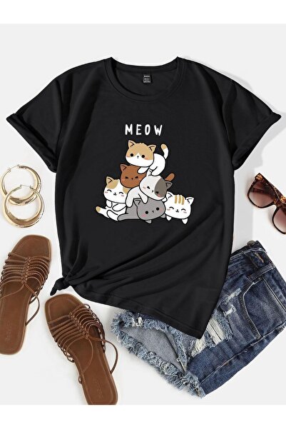 coolart Majica kratkih rukava Meow mačka ler - crna Štampano Oversize kroj le...