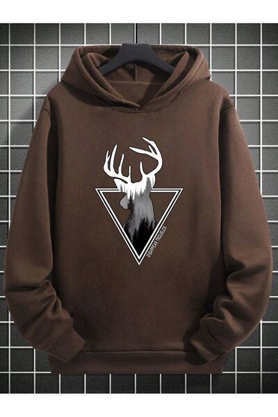 coolart Geyik Tasarım Baskılı Kapüşonlu 2 iplik şardonlu Sweatshirt Hoodie