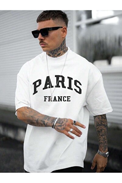 coolart Tricou Paris France - Tricou supradimensionat cu imprimeu alb, de var...