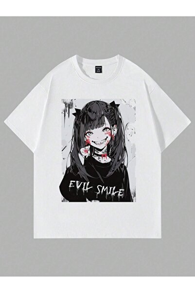 coolart Tricou Evil Smile - Tricou supradimensionat cu imprimeu alb, de vară,...