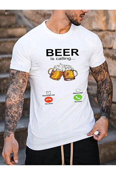coolart Tricou Beer Calling - Tricou supradimensionat cu imprimeu alb, de var...