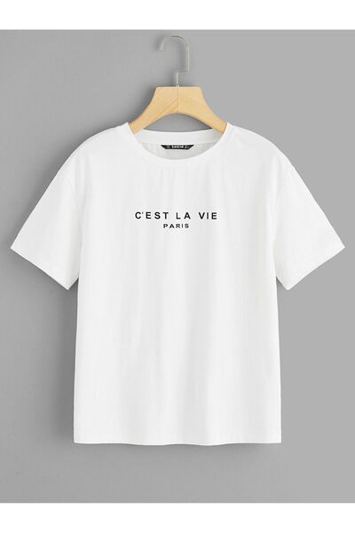 coolart Tricou Cest La Vie Paris - Tricou supradimensionat cu imprimeu alb, d...