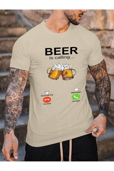 coolart Tricou Beer Calling - Tricou de vară supradimensionat cu imprimeu bej...