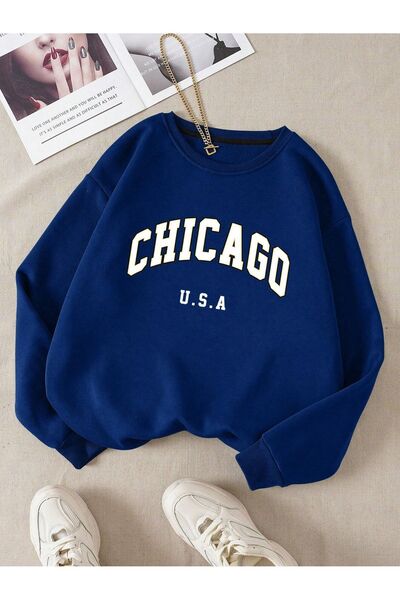 coolart Chicago U.S.A Kalın Kışlık Sweatshirt - Sax Mavi Baskılı Oversize Şar...