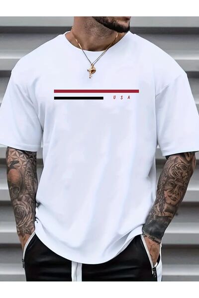 coolart Tricou oversize cu dungi duble din SUA, cu imprimeu alb, cu gât crew,...