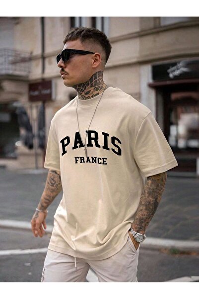 coolart Tricou Paris France - Tricou de vară supradimensionat cu imprimeu bej...