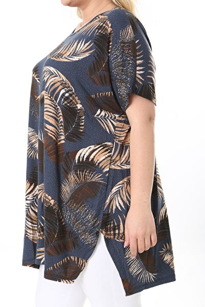 XL Modam WOMEN'S LARGE SIZE LYCRA BLUE BROWN LEAF PATTERNED TUNIC
