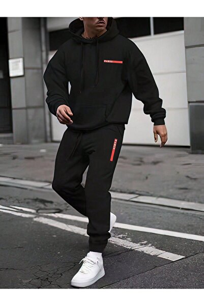 coolart Σετ ανδρικής φόρμας με κουκούλα και στάμπα Paris Red Line, με λαστιχέ...