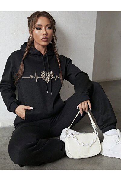 coolart Siyah Kalp Ritim Baskılı Oversize Kapüşonlu Alt Üst Eşofman Takımı La...