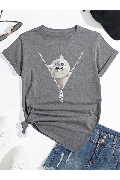 coolart Μπλουζάκι με φερμουάρ για γατάκια - Γκρι με στάμπα, oversized καλοκαι...