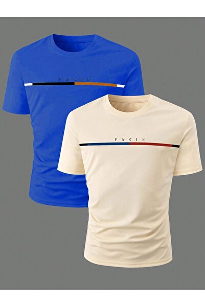 coolart طقم تي شيرت باريس مخطط ملون مكون من قطعتين - ساكس أزرق وبيج مطبوع بأك...