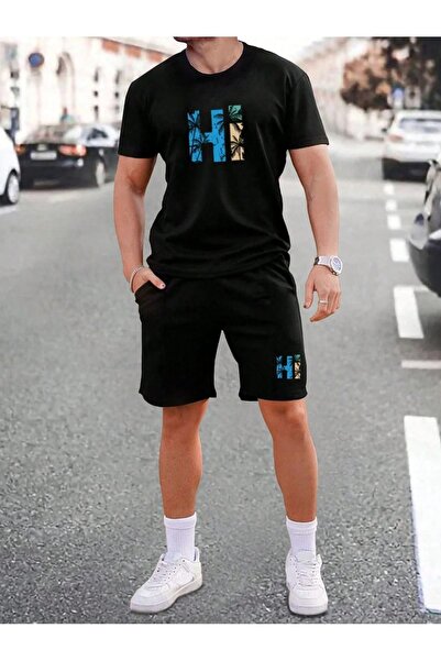 coolart Hi Desen Tricou și pantaloni scurți - Set negru cu pantaloni scurți ș...