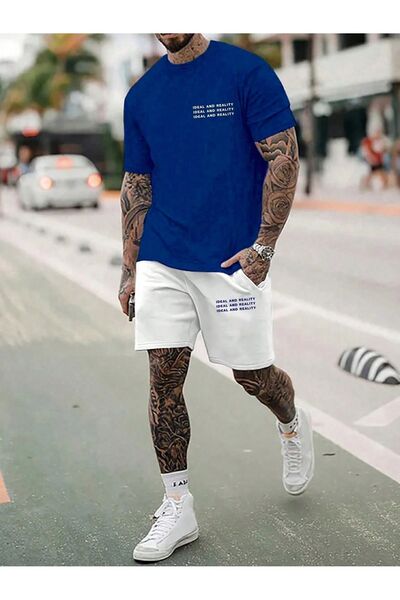 coolart طقم تي شيرت وشورت Sax باللونين الأزرق والأبيض - رقبة دائرية، مطبوع