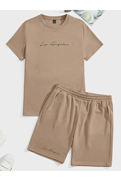 coolart Los Angeles Lettering T-Shirt Shorts - Beige Bottom Top Team Shorts C...