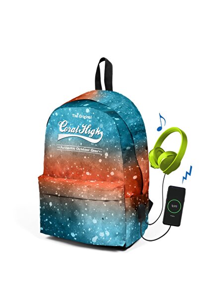 Two Compartment Usb Rechargeable Earphone Outlet Backpack with Galaxy Pattern