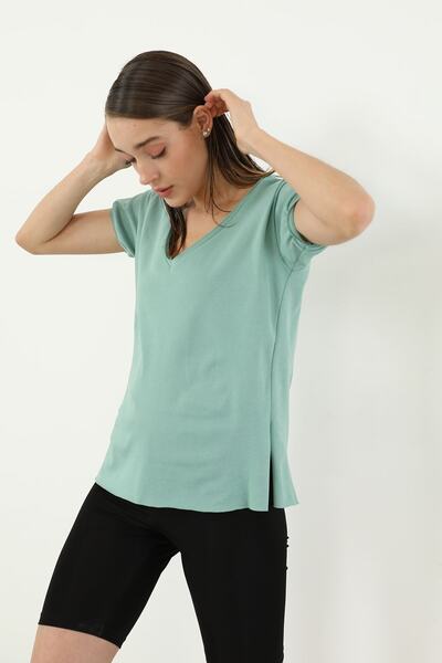 Genel Markalar Kısa Kol V Yaka T-shirt-mint