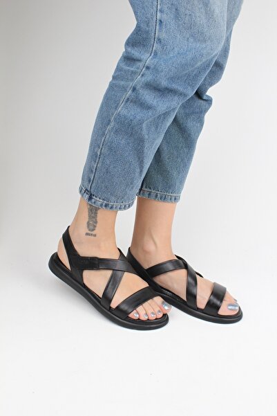 Milli Ülkü Yayınevi New Season Genuine Leather Black Women's Daily Sandals