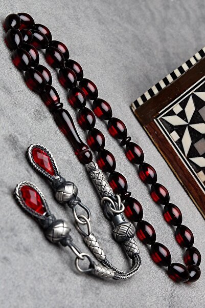 OTTOTESBİH Erkek Gümüş Kazaz Püsküllü Kırmızı Sürmeli Kehribar Tesbih