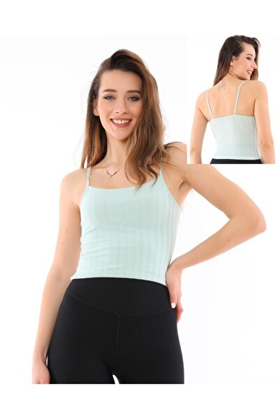 Kadın Ince Askılı Crop Geniş Yaka Fit Kalıp Ince Ribana Spor Atlet