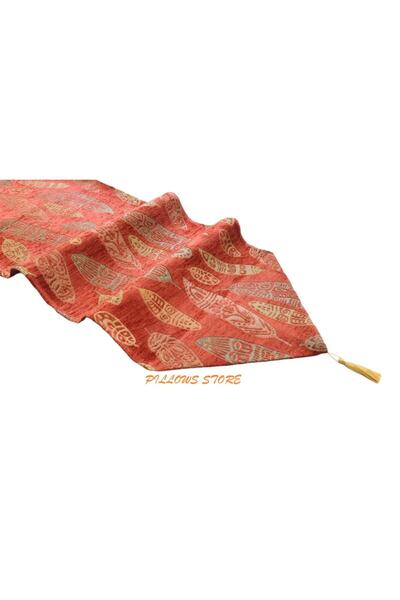 PİLLOWS STORE Yaprak Desenli Kiremit Runner 140cm*40cm