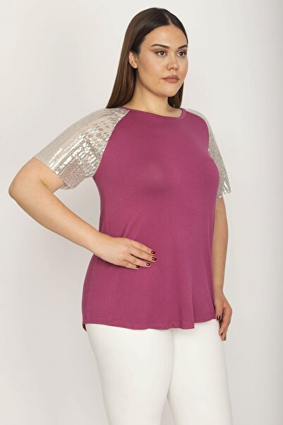 Şans Жіноча блуза великого розміру з фіолетовими рукавами та паєтками, з комі...
