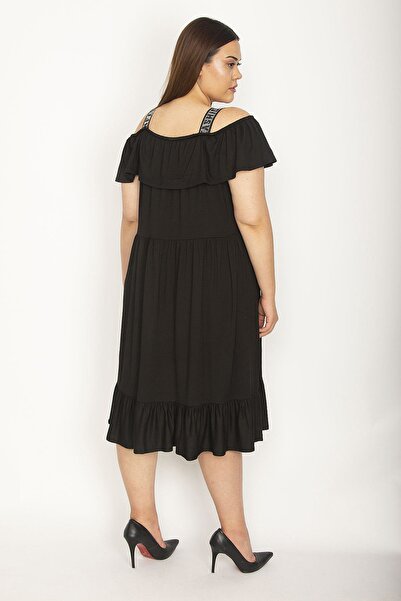 Şans Women's Large Size Black Karmen Collar Skirt Flounced Suspender Dress 65n26476