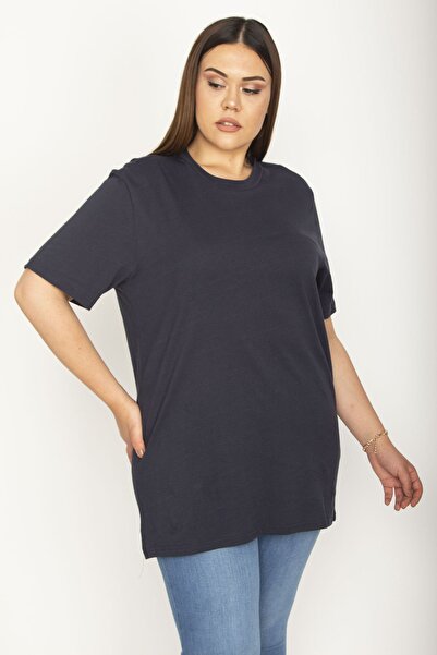 Şans Női nagy méretű sötétkék, nyakú alapblúz, 65n26493