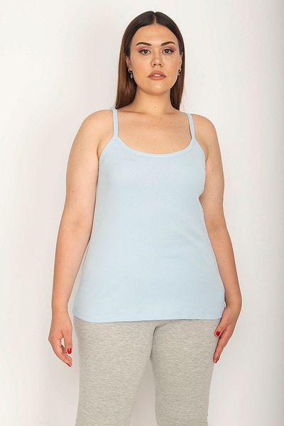 Şans Women's Large Size Blue Cotton Fabric Strap Length Adjustable Blouse 65n26629