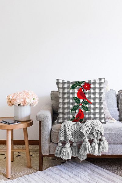 Realhomes Husă de pernă decorativă Raschel tricotată cu imprimare digitală, cu fundal în carouri gri și design cu pasăre roșie