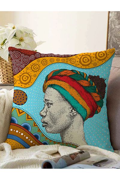 Realhomes Husă de pernă decorativă Raschel tricotată cu imprimare digitală, cu turban etnic, design pentru femei africane