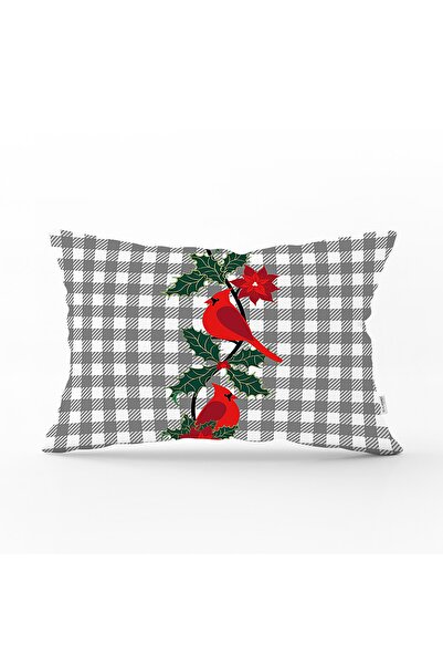 Realhomes Gri Ekose Zemin & Kırmızı Kuş Tasarımlı Dijital Baskılı Dekoratif D...