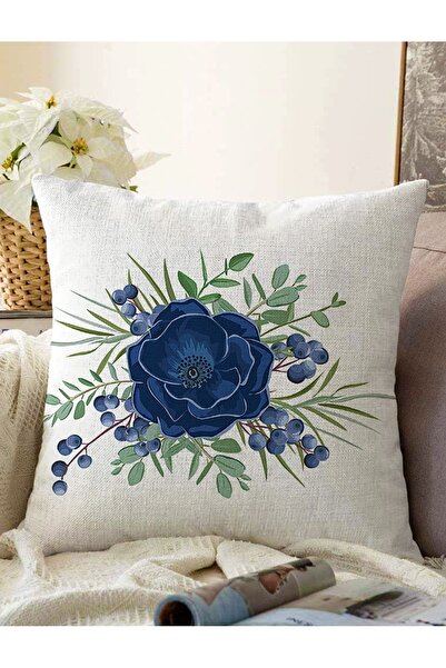 Realhomes Pastel Mavi Gül Desenli Dijital Baskılı Modern Raşel Örme Yastık Kı...
