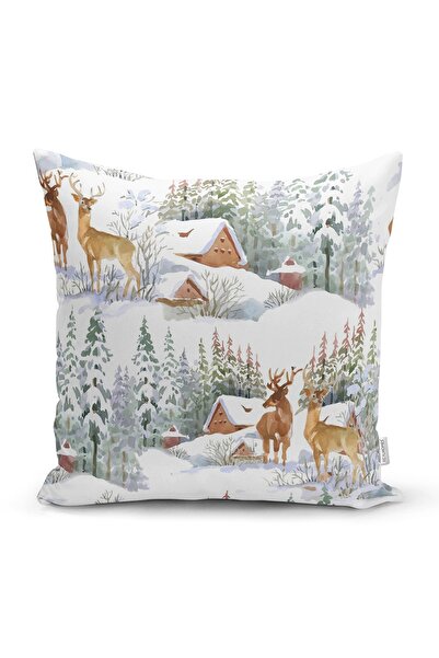 Realhomes Kış Temalı Bağ Evi & Geyik Tasarımlı Dijital Baskılı Modern Yastık ...