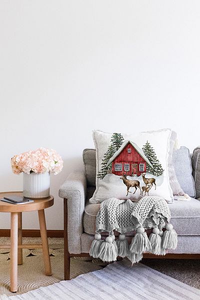 Realhomes Husă de pernă tricotată Raschel modernă, imprimată digitală, cu tematică de iarnă, căprioare și case de legătură
