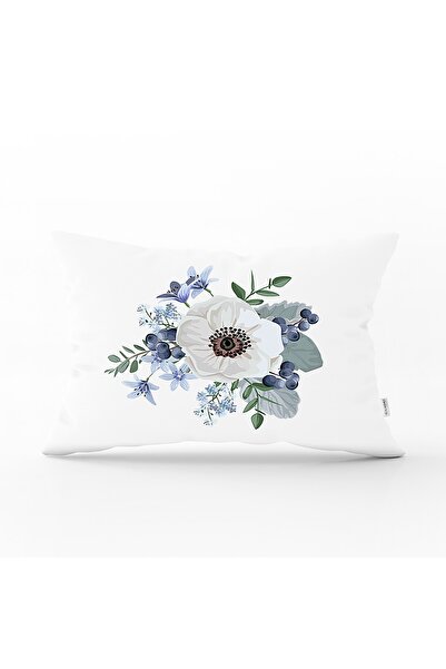 Realhomes Beyaz Gül Tasarımlı Dijital Baskılı Modern Dikdörtgen Kırlent Kılıfı