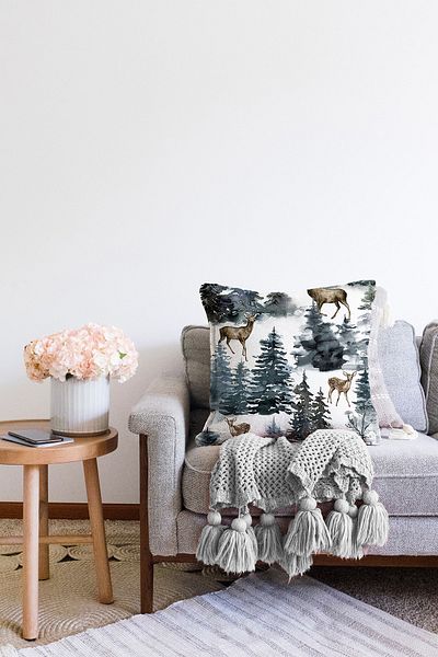 Realhomes Acuarelă pin și cerb design imprimat digital modern Raschel tricotat pernă husă de pernă