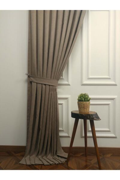 KN Tekstil Vizon Rengi Kadife Dokulu Fon Perde (sık Pile) Çift Kanat 100x268