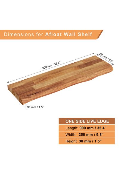 INTERBUILD REAL WOOD رف حائط عائم من Interbuild، أكاسيا صلبة، FSC، 90x25x3.8 سم، FJ، بحواف طبيعية، خشب الساج الذهبي