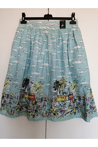 Butik Tülin Otantik Pamuk Buz Mavi Resimli Kısa Etek