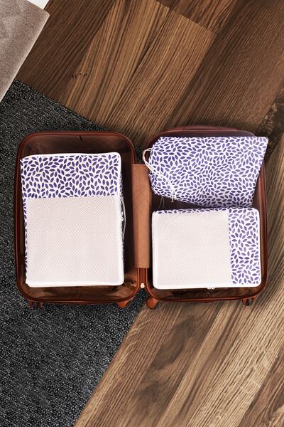 REKHOME 3-Piece Navy Blue Leaf Patterned Suitcase Organizer Suitcase Organizer Set