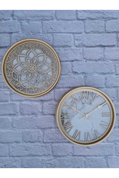 Markakanvas Altın(gold) Renk Metal Kasalı Mermer Desenli Duvar Saati Ve Tablo