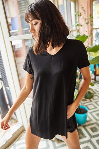 Olalook Γυναικείο μαύρο μπλουζάκι με λαιμόκοψη V-λαιμόκοψη φαρδύ μπλουζάκι με σκισίματα στο πλάι TSH-19000582