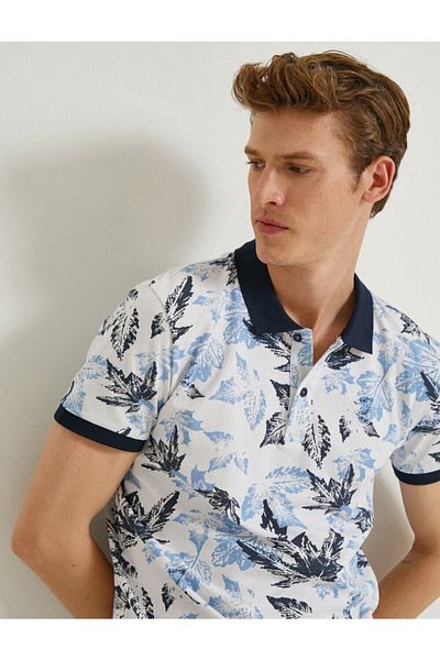Koton Tricou pentru bărbați, cu mânecă scurtă, din bumbac, cu imprimeu alb, slim cu gât polo