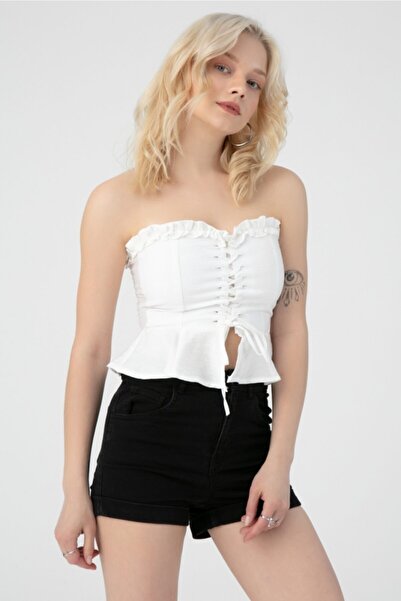 BERFUĞ KIRAN Kadın Beyaz Sırt Lastikli Önü Bağlamalı Büstiyer