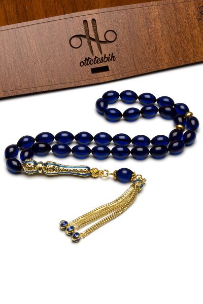 OTTOTESBİH Set de bijuterii cu ciucuri Imame din filigran placat cu aur, roz de foc albastru parlamentar, rozary din chihlimbar