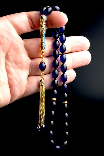 OTTOTESBİH Set de bijuterii cu ciucuri Imame din filigran placat cu aur, roz de foc albastru parlamentar, rozary din chihlimbar