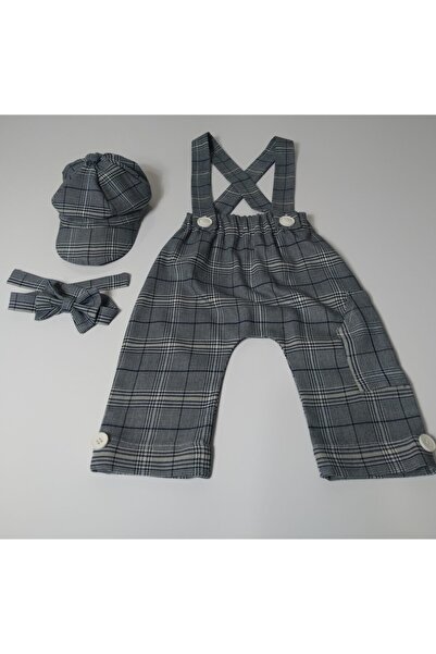 moms and babies Erkek Çocuk Bebek Gri Renkli Ekose Askılı Harem Pantolon 0-5 Yaş