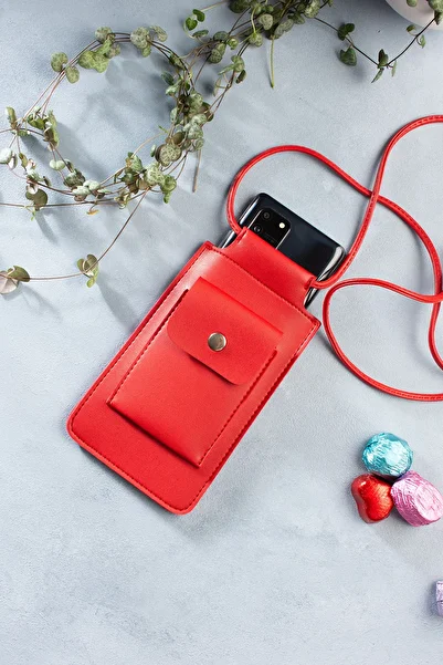 DK LEATHER Women's Red Small Phone Bag Case with Shoulder Strap / Hiking Bag with Card Compartment