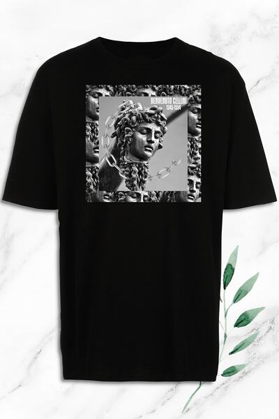 perseusshopping Oversize kroj Mitološka skulptura Meduze Štampano Crna majica